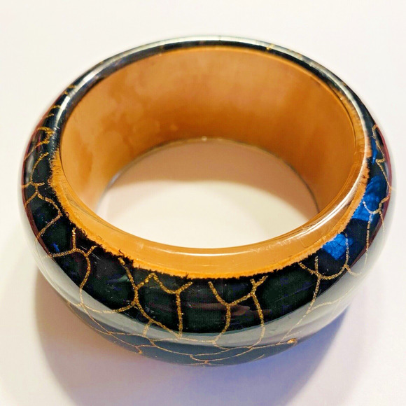 Vintage 1980's Bangle Bracelet Hard Plastic Wood Look Unique Chunky Fashion Chic - Picture 1 of 7